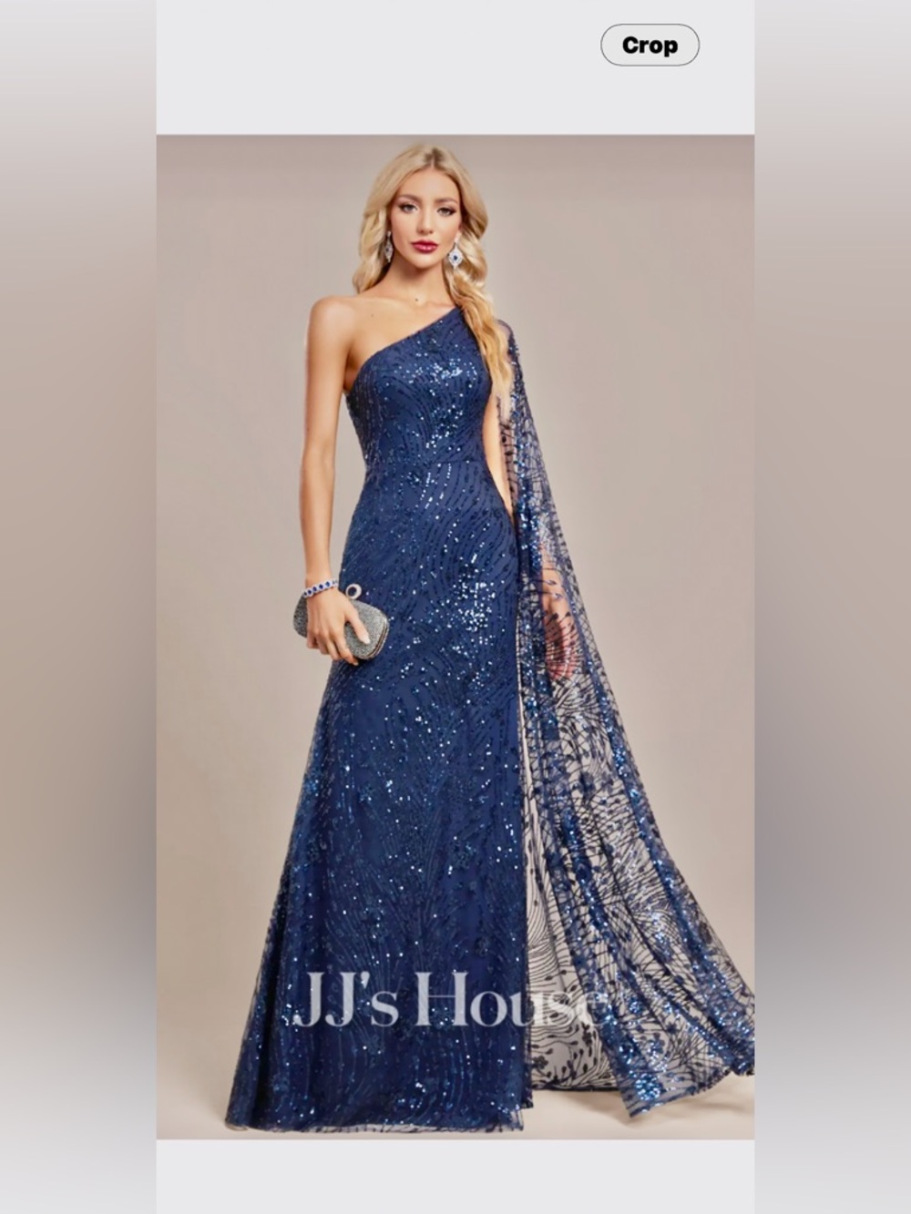 JJs House Amelia Navy Blue One-Shoulder Sequin Evening Gown